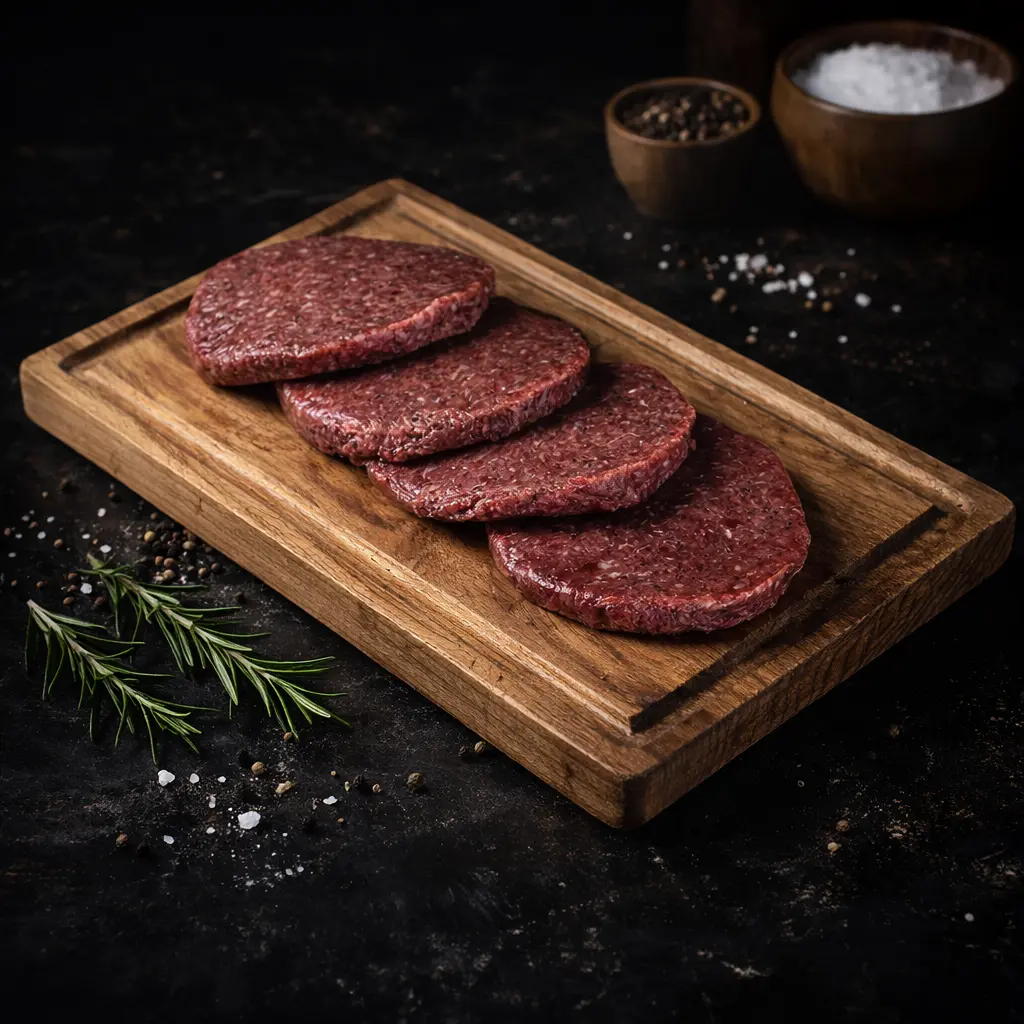 Hamburguesas de carne de avestruz bajas en grasa, ideales para toda la familia